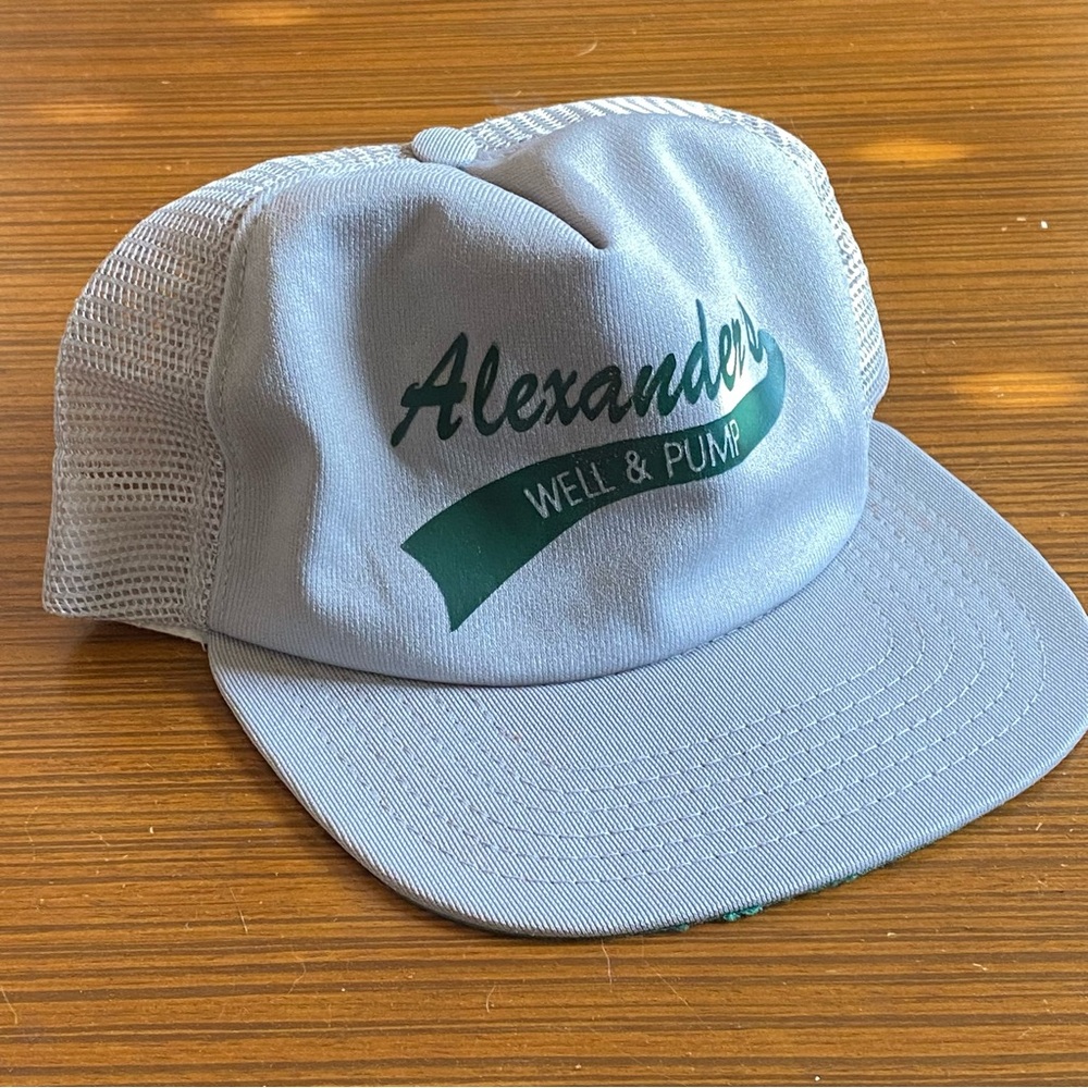 Vintage 80s New Era Alexander's Well & Pump Trucker Hat Cap - Grey/Green